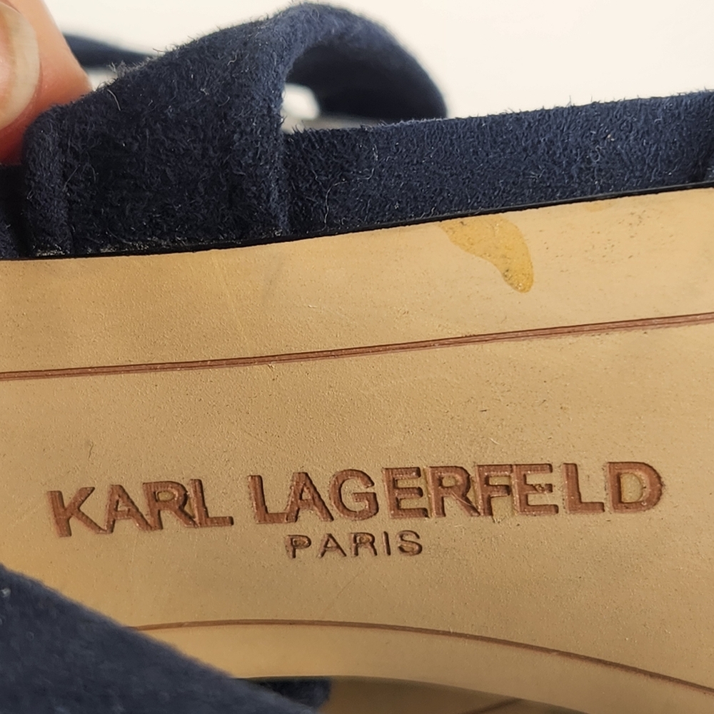 KARL LAGERFIELD Racha Shoe Womens 6 EU 36 Navy Block Heel Suede Event Date Nite - Picture 2 of 12